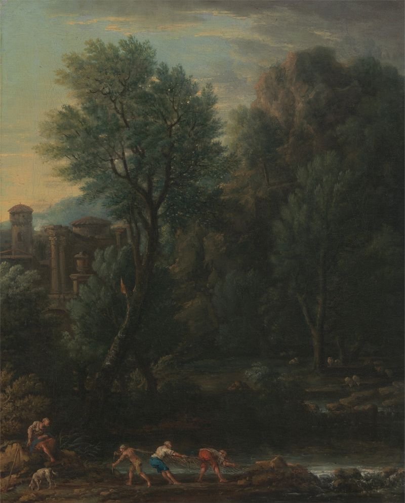 Rococo landscape by John Wootton, featuring rolling hills and a pastel sky.