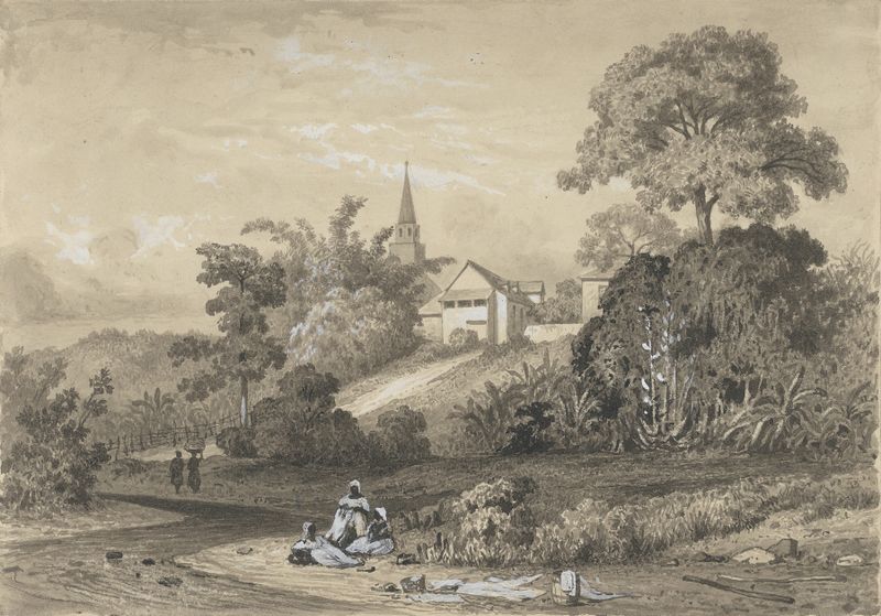 River Side, St. Joseph de Michel Jean Cazabon, óleo sobre lienzo que representa un paisaje de río tranquilo.