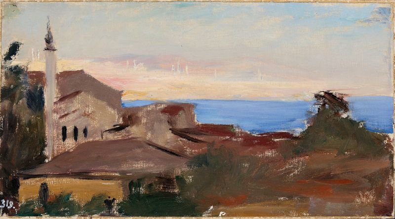 Paisaje de una ciudad al atardecer, pintura al óleo de Jan Ciągliński