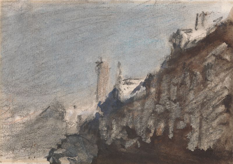 Landscape view with cliffs and mist by Hercules Brabazon Brabazon, oil painting