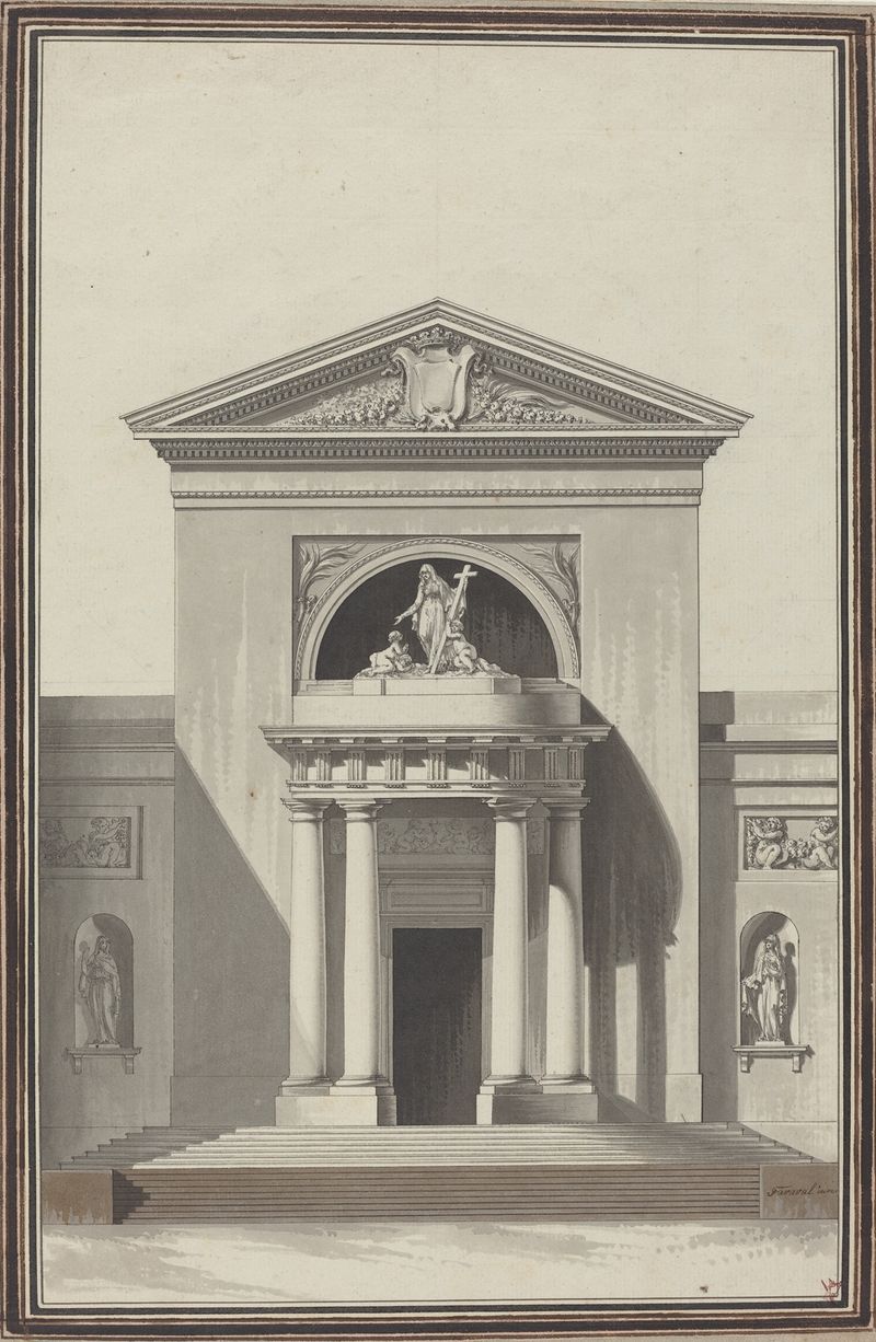 Facade for a church with a sculpture representing faith, ink on paper by Louis Gustave Taraval