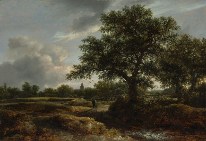 Paisaje con un pueblo a lo lejos de Jacob van Ruisdael, óleo