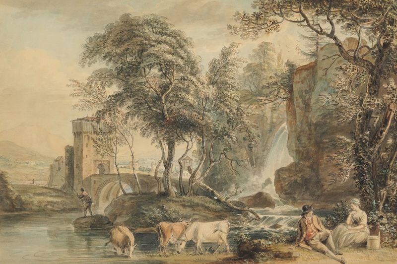 Paisagem romântica com figuras e gado, aquarela sobre papel de Paul Sandby