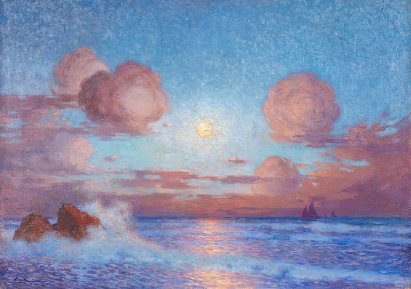 Coucher de soleil sur la mer ou Voiliers au soleil couchant de Ferdinand du Puigaudeau, pintura al óleo