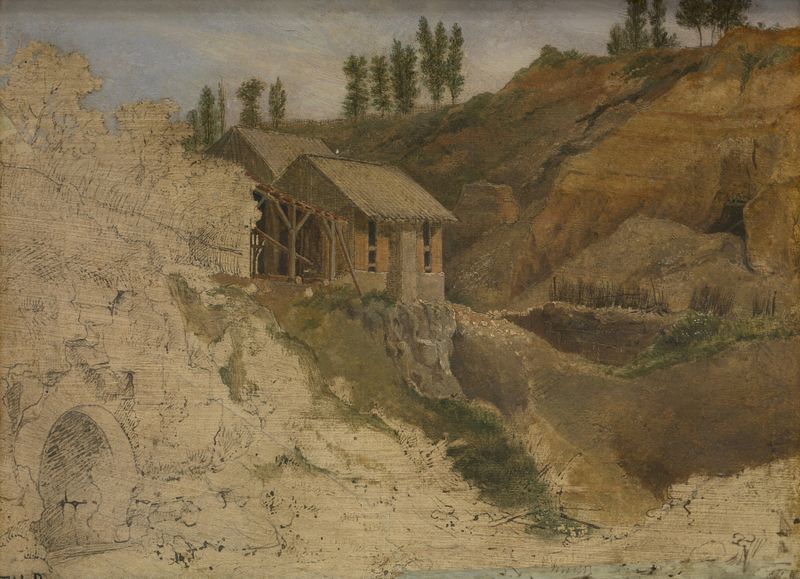 A Quarry de Théodore Rousseau, pintura al óleo que representa un acantilado dramático y vegetación exuberante.