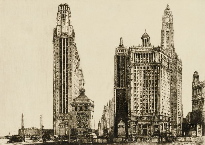 Chicago, the Gateway de Donald Shaw MacLaughlan, modernismo, que muestra un vibrante horizonte urbano y reflejos.