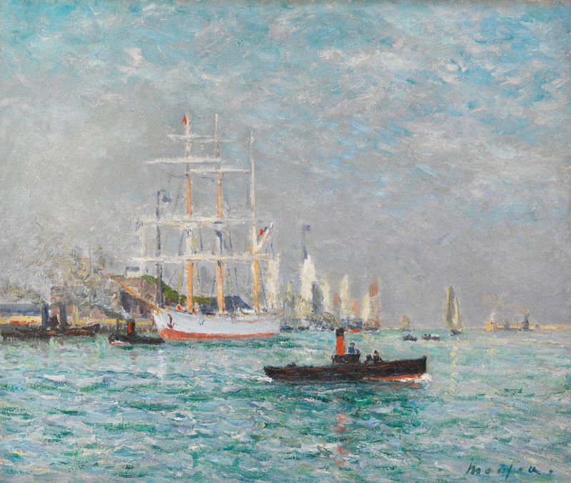 Marine scene with a ship entering the harbor at sunset, oil painting by Maxime Maufra