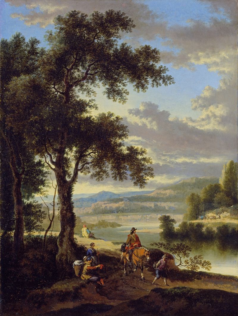 The Wooded Banks of a River by Jan Hackaert, oil on canvas depicting a serene river landscape.