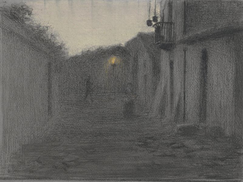 Pintura al óleo de paisaje de Bramine Hubrecht que presenta una escena de calle al atardecer con una farola.