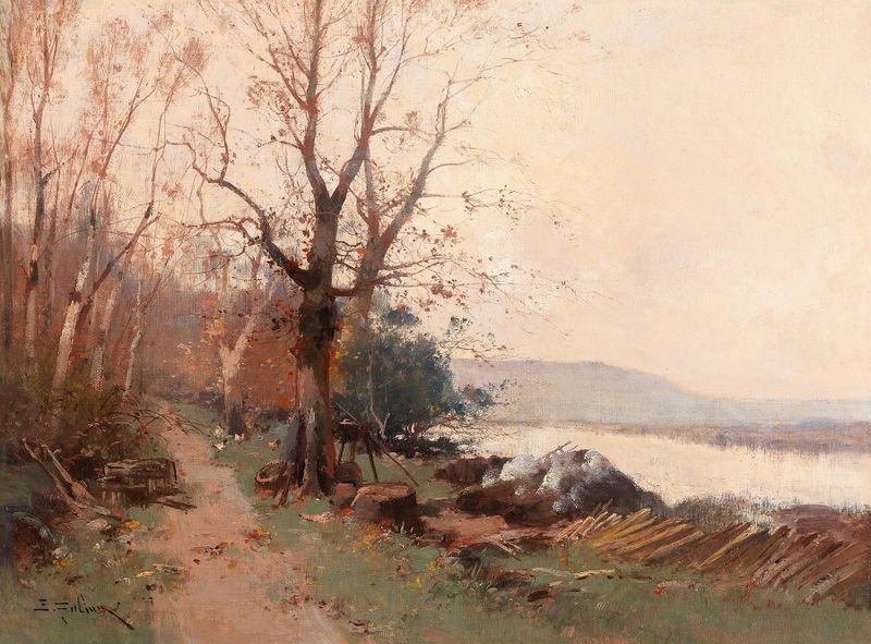 River Landscape de Eugène Galien-Laloue, pintura al óleo que muestra un río sereno y follaje exuberante.