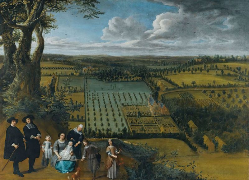 Retrato de la familia Van Der Witte con su finca, pintura al óleo de Gillis van Tilborgh