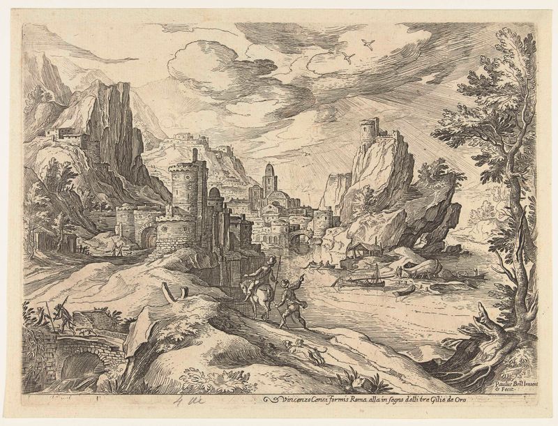 Etching by Paul Bril showing a coastline with travelers and a city