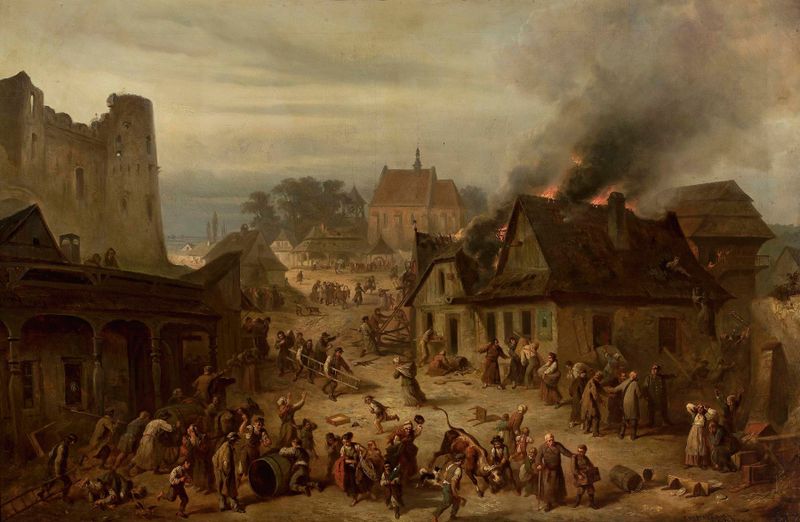 Town on Fire, oil on canvas by Franciszek Kostrzewski, depicting a village engulfed in flames.