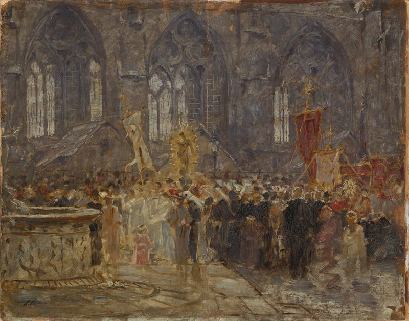 Cena de gênero mostrando uma procissão animada em frente a uma igreja de Hermann Braun, expressionismo