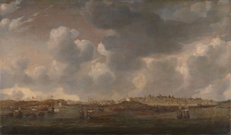 View of Salee, Morocco de Reinier Nooms, óleo sobre lienzo que muestra un pueblo con arquitectura bajo un cielo sereno.