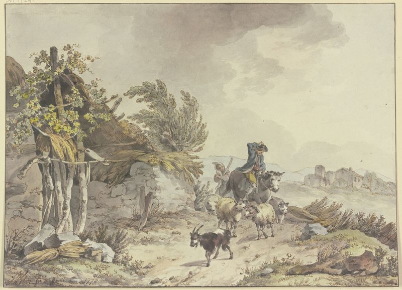 Genre scene depicting a shepherd, farmer's wife, sheep, and goats by John Webber, 1773