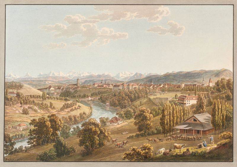 Vue de la ville de Berne by Gabriel Lory the Younger, oil painting depicting a serene Swiss landscape.
