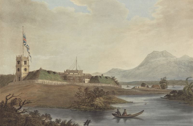 Fort Marlborough, Benkulen, Sumatra engraving by Joseph Constantine Stadler