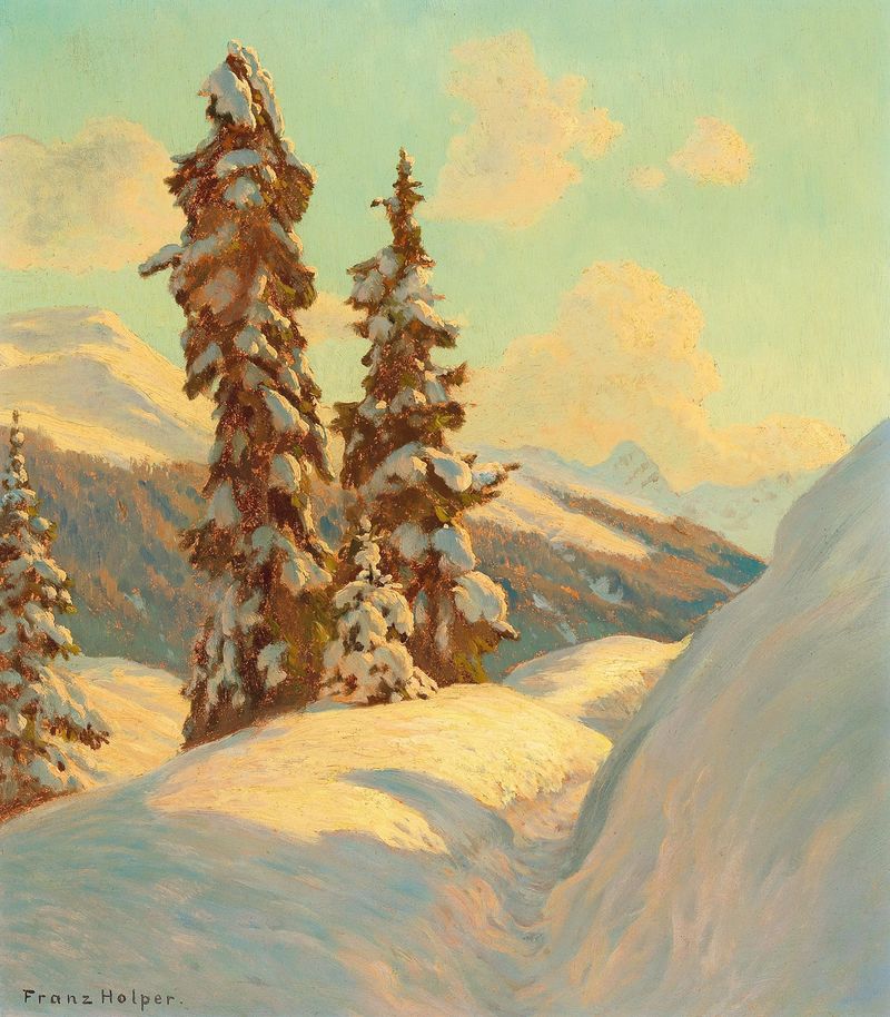 Spruce on the Schatzalp by Franz Holper, oil painting of a vibrant spruce tree in a forest.