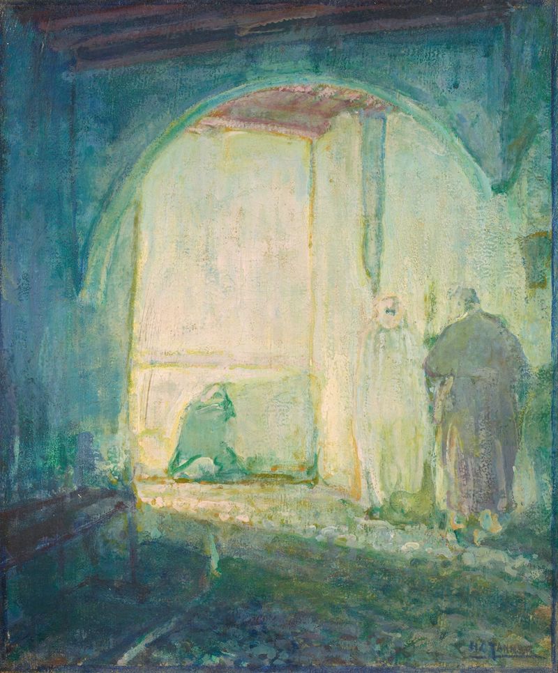 Interior scene with light illuminating a tapestry, oil painting by Henry Ossawa Tanner