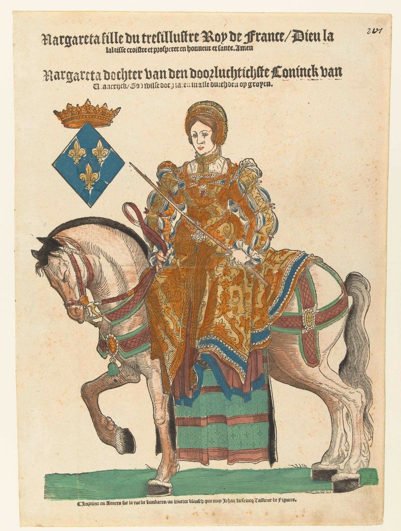 Retrato de Margaretha de Valois a caballo, óleo sobre panel de Hans Liefrinck.
