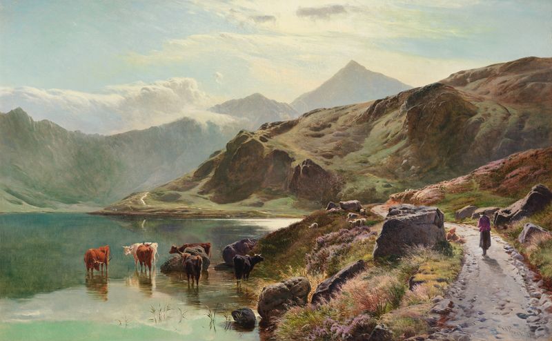 Cattle watering near Snowdonia, óleo de Sidney Richard Percy