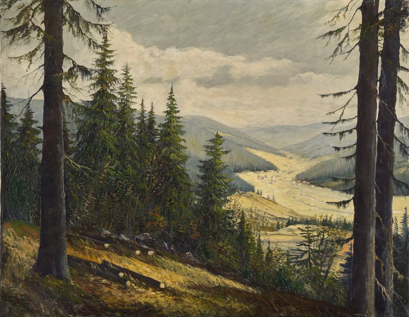 Paisaje de un estanque forestal reflejando pinos de Karl Julius Wilhelm Heilmann