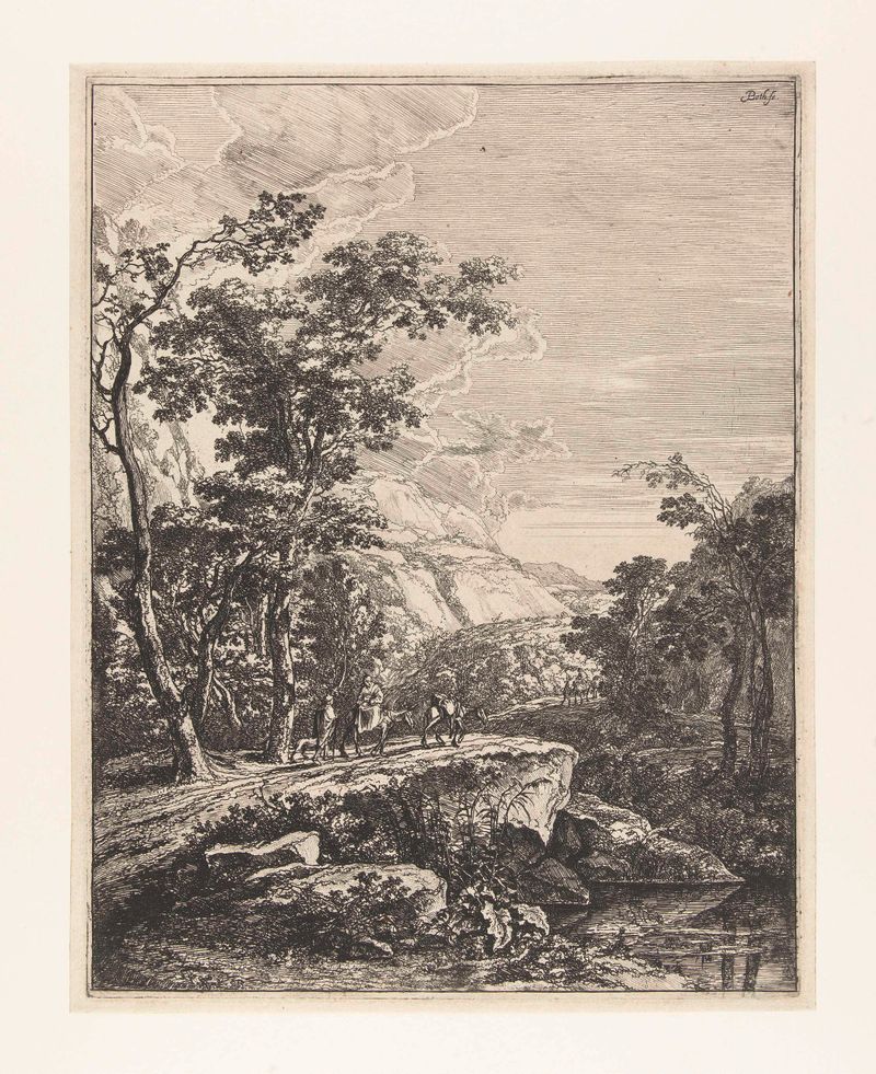Landschap met vrouw rijdend op een muilezel, gravura de Jan Both