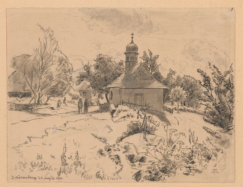 Church in Schönenberg de Hans Thoma, pintura a óleo que retrata uma igreja em uma paisagem