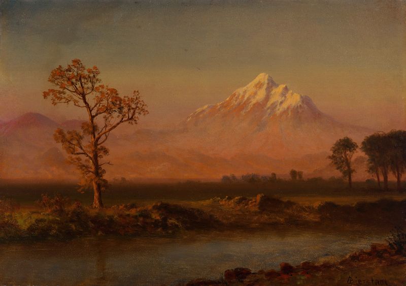 Paisagem de Mount Hood, pintura a óleo de Albert Bierstadt, com uma montanha coberta de neve e prados verdes.