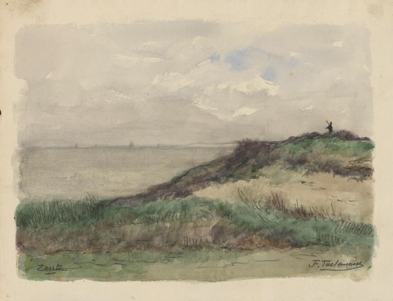 Dunes sur le littoral au Zoute de Jean-François Taelemans, pintura a óleo que retrata dunas costeiras douradas.