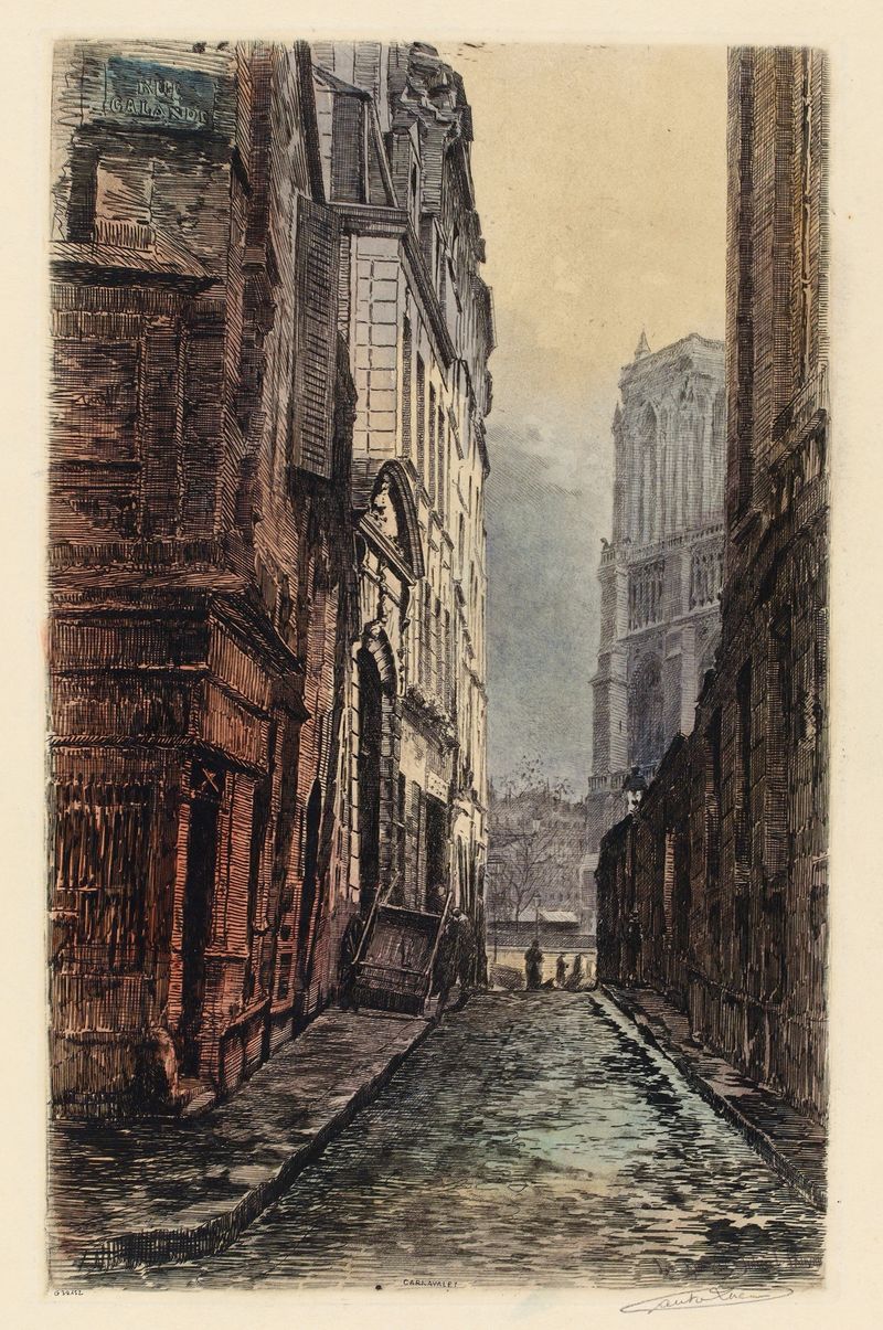 Genre scene depicting an alleyway in Paris by Lucien Marcelin Gautier, medium unknown.