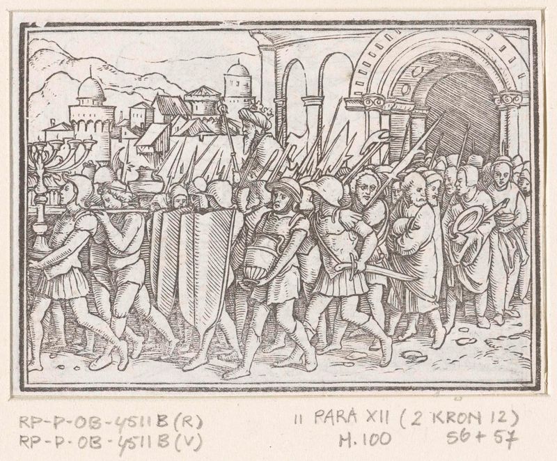 Cena religiosa com sombras e figuras em um templo, papel de Hans Holbein (II)
