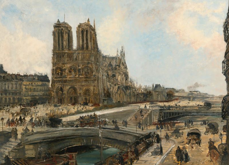 Paisagem de Paris com Notre Dame, pintura a óleo de Édouard-Jacques Dufeu