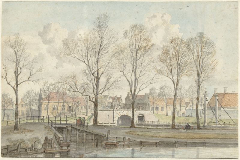 De Heerenpoort te Leiden by Jan Ekels the elder, oil on canvas depicting an architectural structure against a cloudy sky.