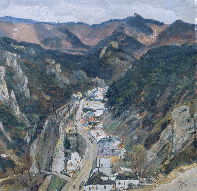Paisaje de Ignaz Pötsch, óleo sobre lienzo con tonos vibrantes y pinceladas texturizadas.