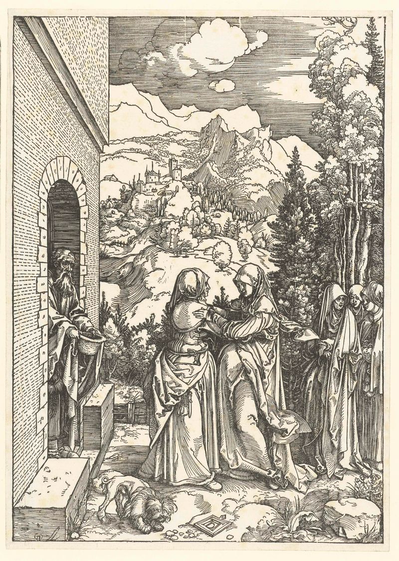 Visitatie de Albrecht Dürer, obra en papel que muestra a dos mujeres en un interior iluminado por el sol.