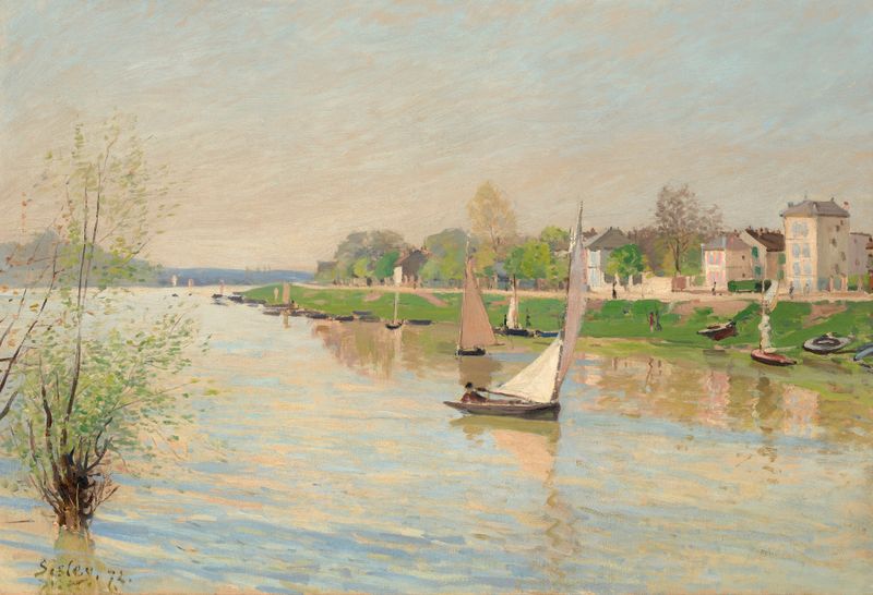 La Seine à Argenteuil, pintura a óleo de Alfred Sisley retratando uma serena paisagem fluvial.