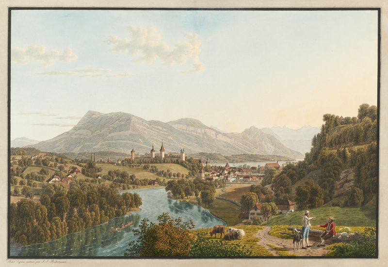 Luzern, von Nordwesten by Johann Jakob Biedermann, oil on canvas depicting a serene lake and mountains.