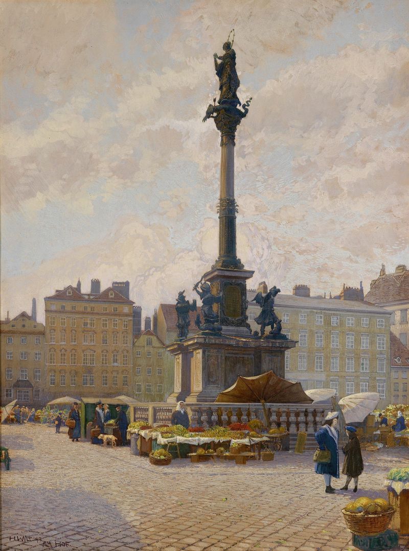 Blumenmarkt Am Hof by Hans Wilt, oil on canvas, featuring vibrant flowers in a market scene.
