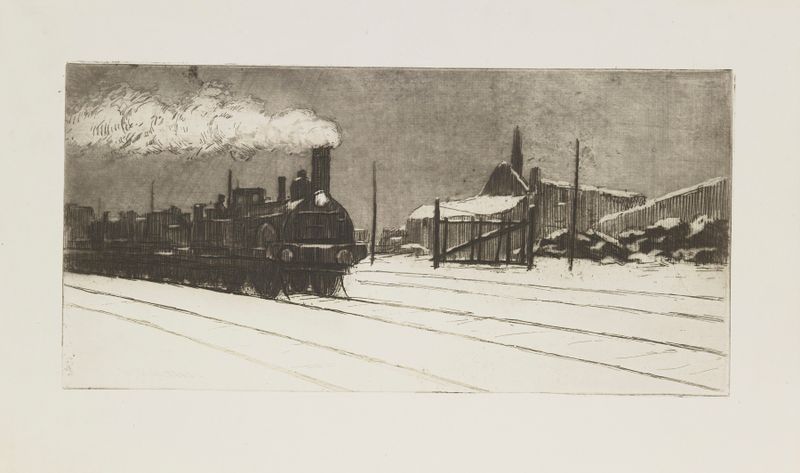 Historical depiction of a locomotive by Henri-Charles Guérard, medium unknown.