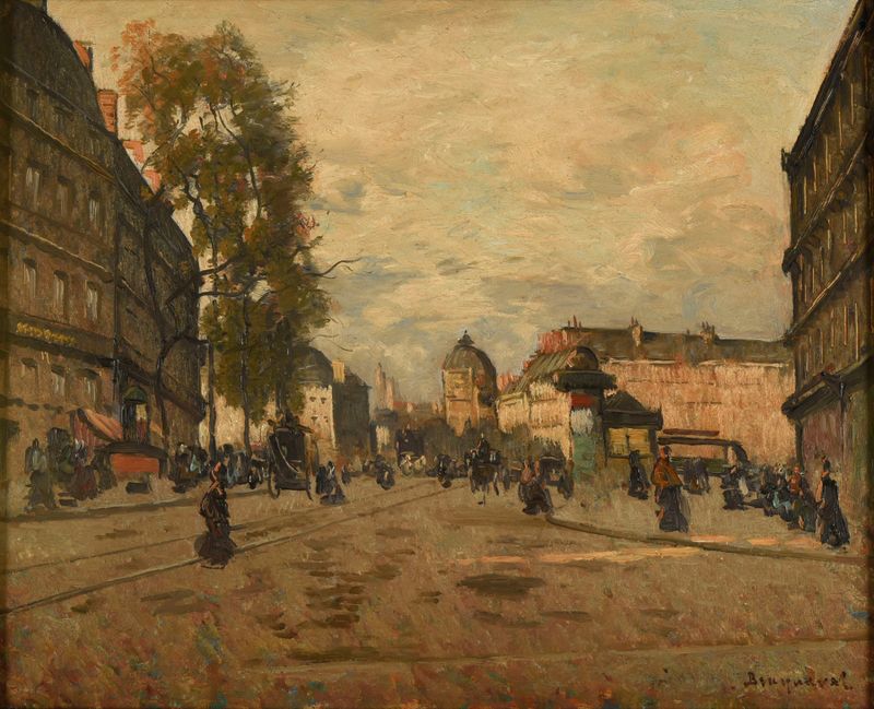 La place Saint-Michel à Paris by Louis Braquaval, oil on canvas depicting a lively square with a fountain.