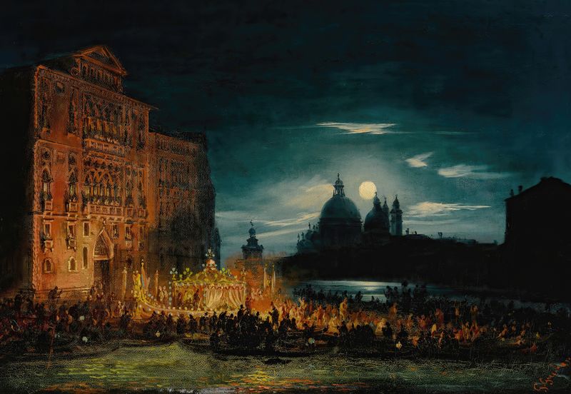 Cena noturna veneziana na Festa do Redentore, óleo sobre tela de Giovanni Grubacs
