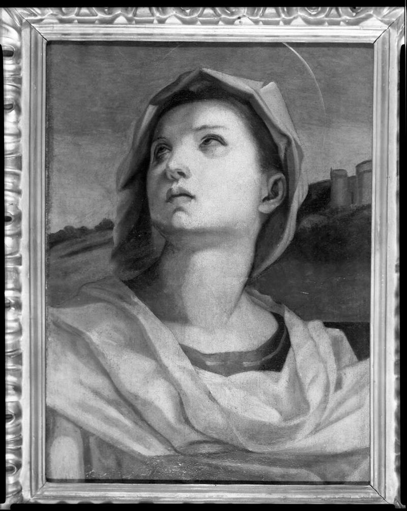 Santa Inés, óleo sobre lienzo de un artista no identificado, con luz suave y expresión serena.