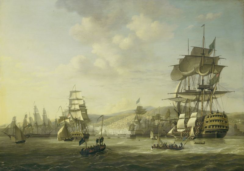 The Anglo-Dutch fleet in the Bay of Algiers, oil on canvas by Nicolaas Baur