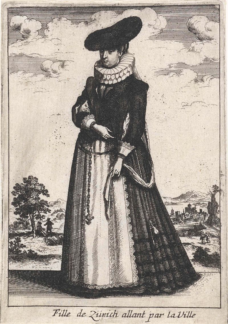 Femme de Zürich allant par la Ville, grabado de Unknown Artist, que muestra a una mujer en medio del caos.