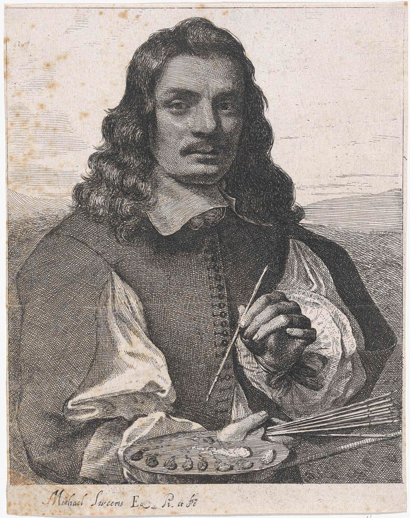 Self-portrait etching by Michael Sweerts, featuring a contemplative gaze.