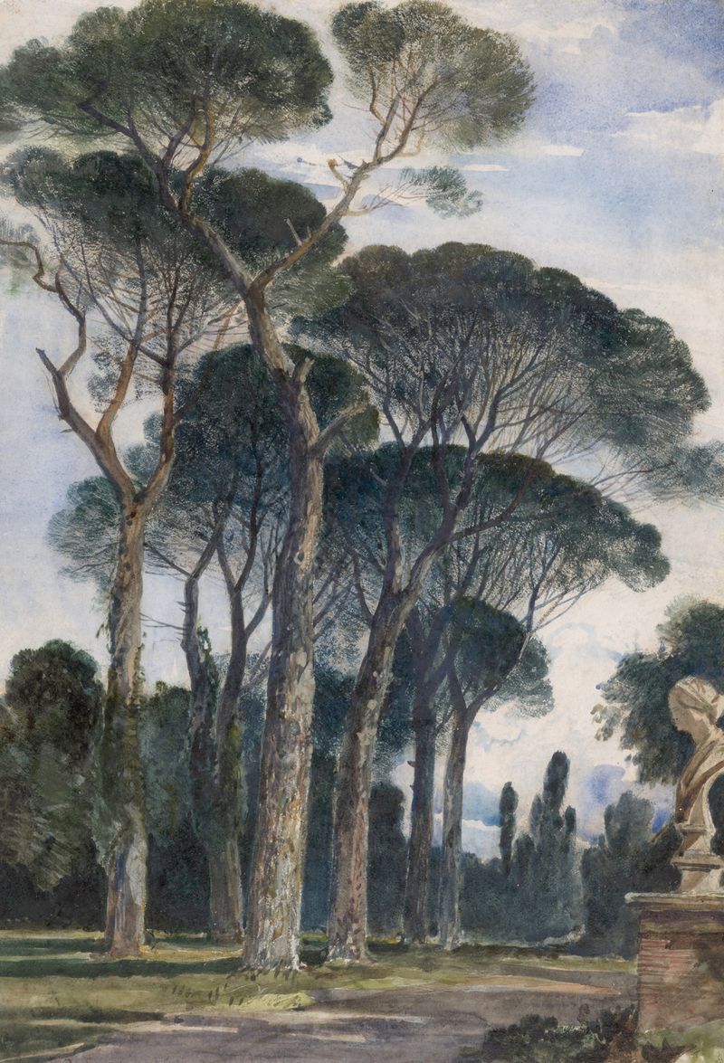 Umbrella pines in the Villa Borghese, Rome by William James Müller, oil on canvas