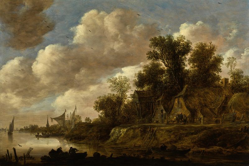 Paisagem do rio com fazendas e um pomar, óleo sobre tela de Jan van Goyen
