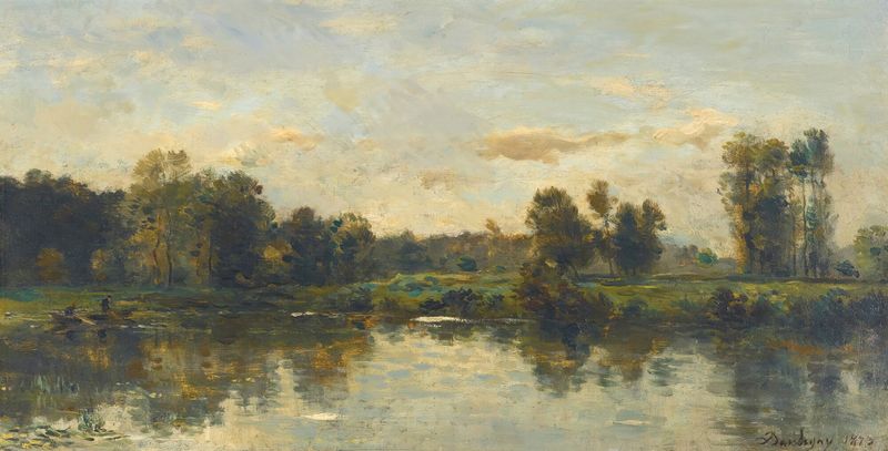 Bords Du Fleuve de Charles François Daubigny, pintura al óleo que muestra un paisaje fluvial al anochecer.